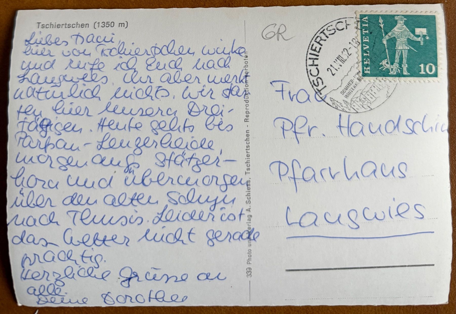 Cartoline postali: TSCHIERTSCHEN - 1962 – Usato da Lutry venduto da Ediego 1