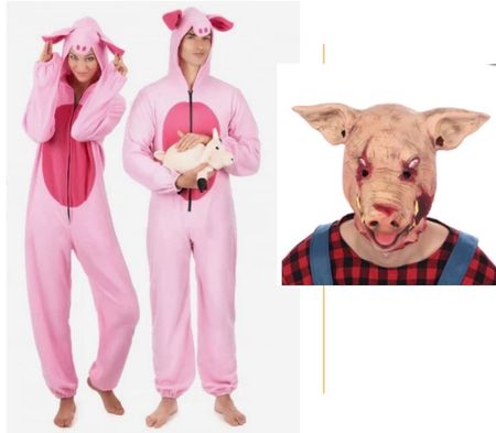 2 Schweine - Overall - Onesie mit Latex Maske Halloween