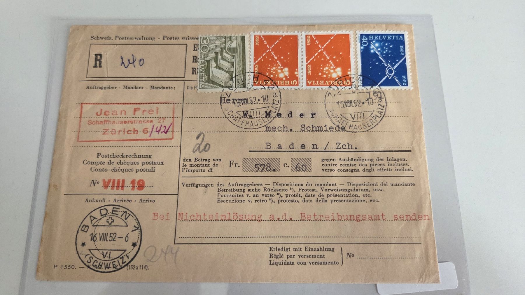 Tutti i francobolli: 1952 Postmandat – Usato da Arni AG venduto da Moth68