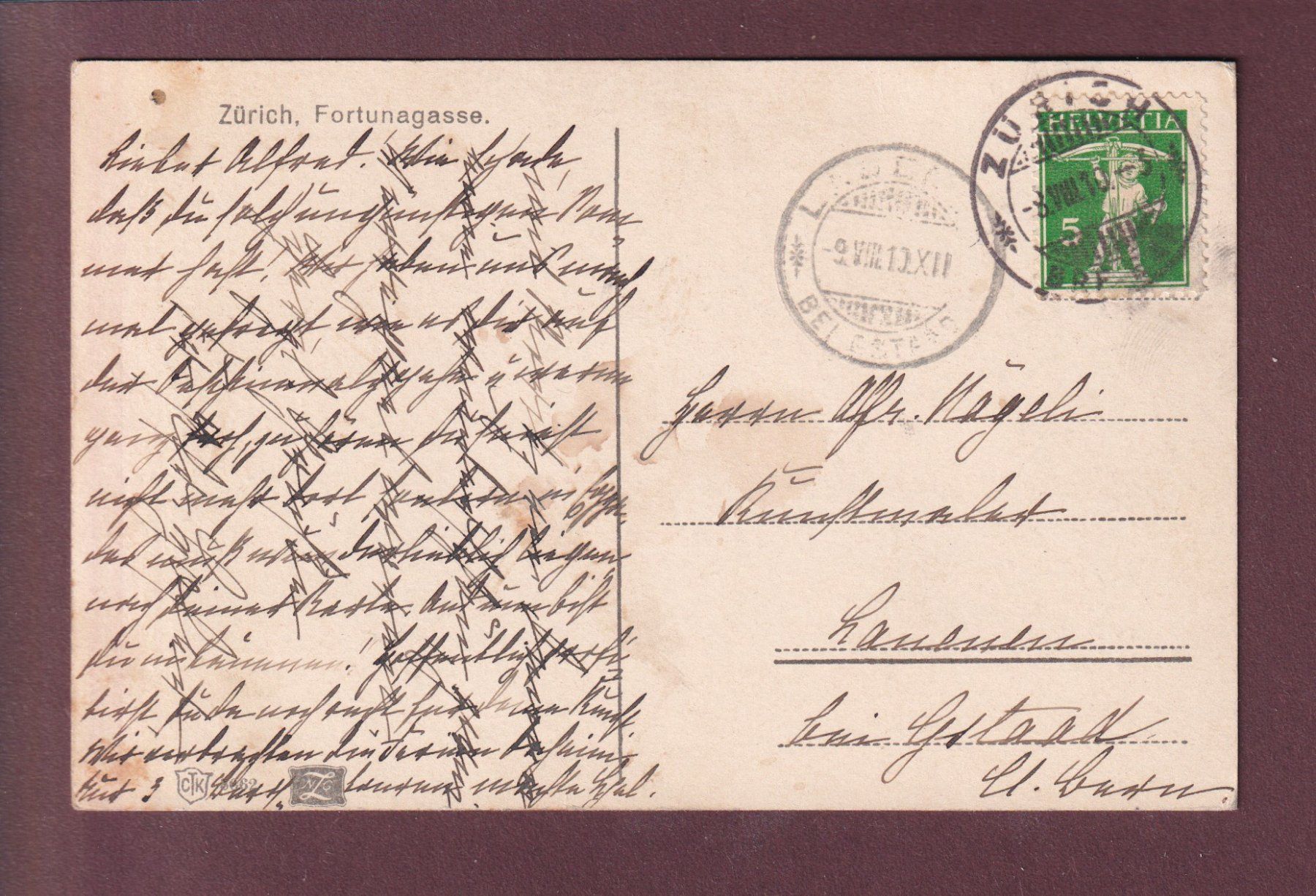 Cartoline postali: ZÜRICH - Fortunagasse - 1910 – Usato da Pully venduto da nicecards 1