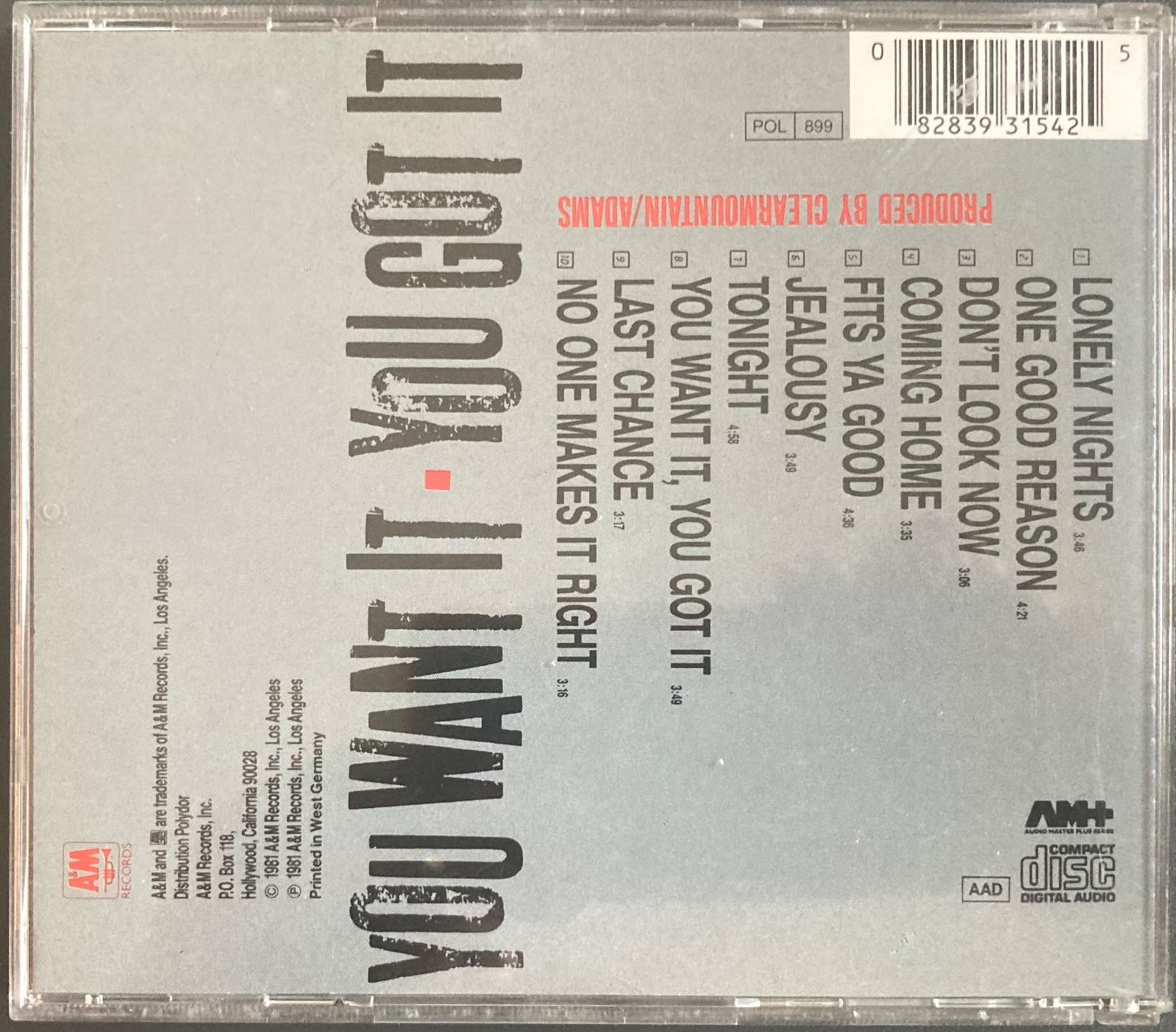 CD: BRYAN ADAMS - YOU WANT IT, YOU GOT IT – Usato da Poliez-Pittet venduto da Newtown-Records 1