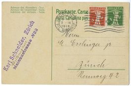 1918 Postkarte Kat-Nr. 52, sauberer Maschinenstempel Zürich