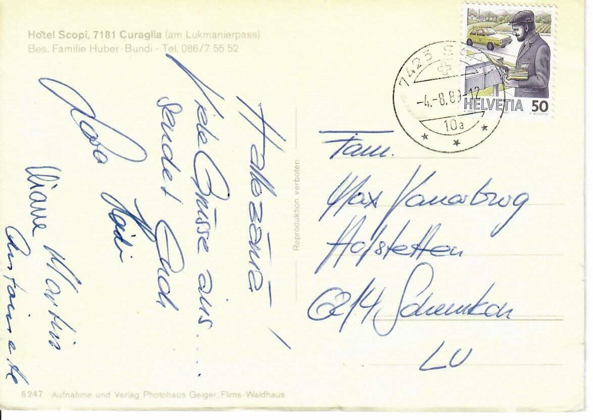 Cartoline postali: Passanten Hotel Scopi , Curaglia – Usato da Hochdorf venduto da Ziegel-16 1