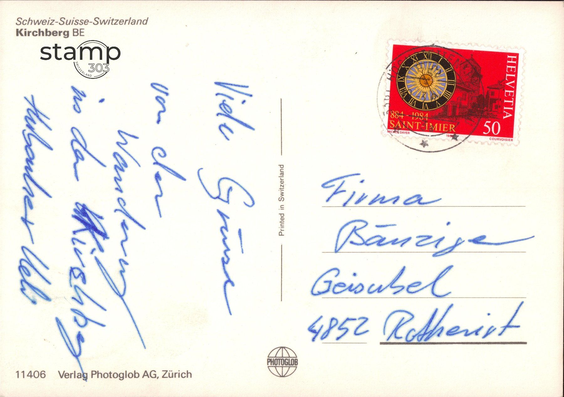 Cartoline postali: 1984 AK Kirchberg BE – Usato da Eggersriet venduto da stamp303 1