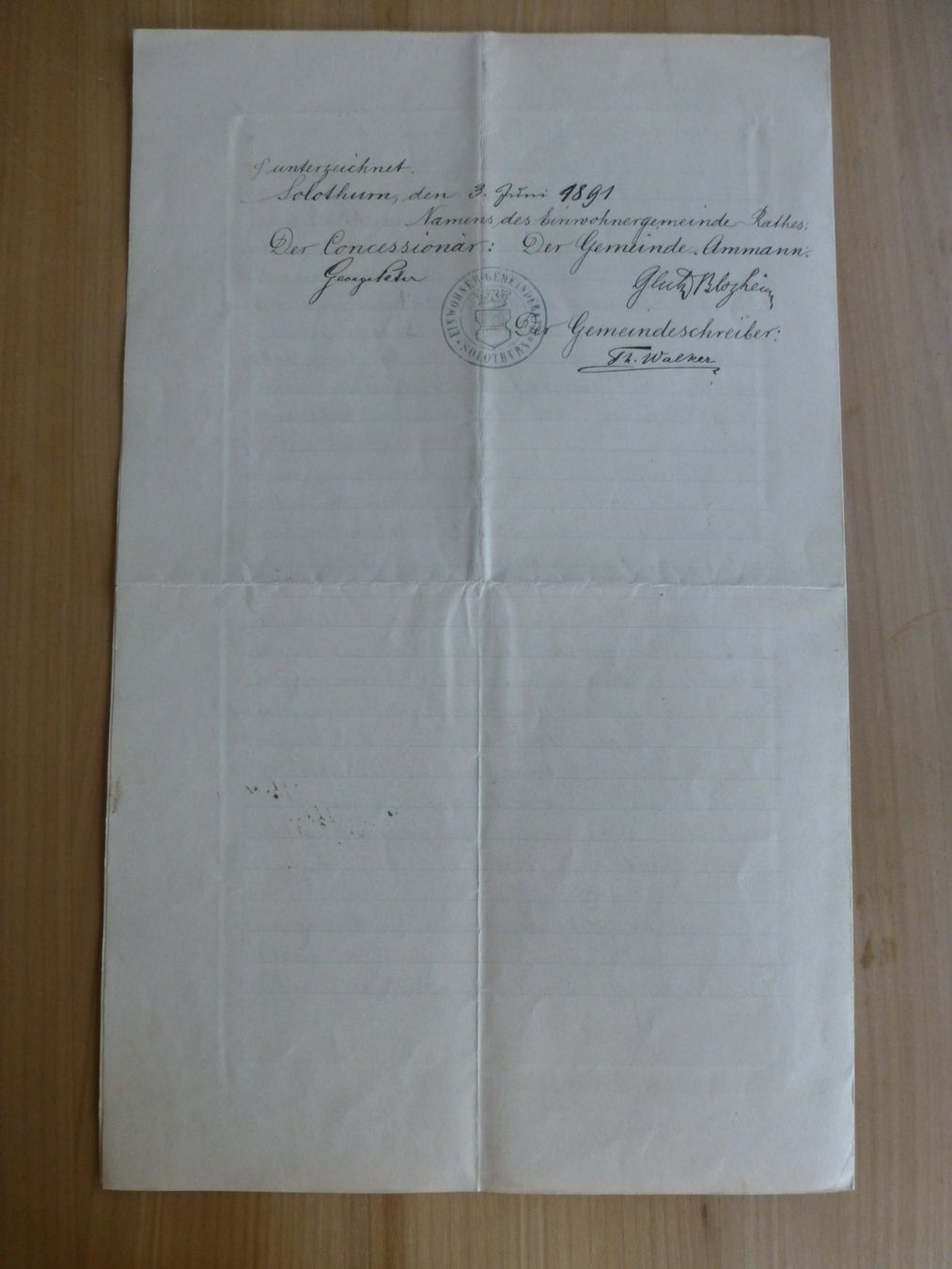 Documenti: Langendorf/ Bellach/ Solothurn, Vertrag, 3. Juni 1891 – Usato da Bettlach venduto da 1saurer 2