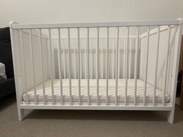 White Wooden Baby Cot + Mattress