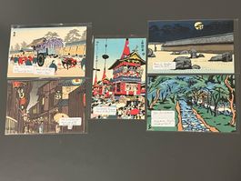 Lot of 5 Vintage Japanese Woodblock Print Postcards