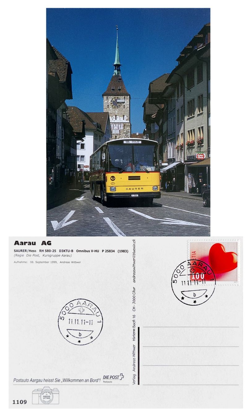 Cartoline postali: Aarau Postauto Saurer RH Post Datumstempelung 11.11.11-11 – Nuovo (secondo la descrizione) da Bern venduto da AWiBe