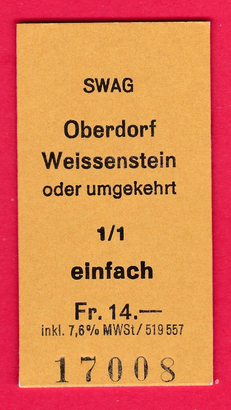 Biglietti: SEILBAHN KARTON-BILLETT, OBERDORF-WEISSENSTEIN, EINFACH – Usato da Oberrieden venduto da Gebirgsstelze