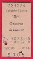 KARTON BILLETT, SION - GENÈVE, 2.KLASSE, EINFACH, 22.12.1952