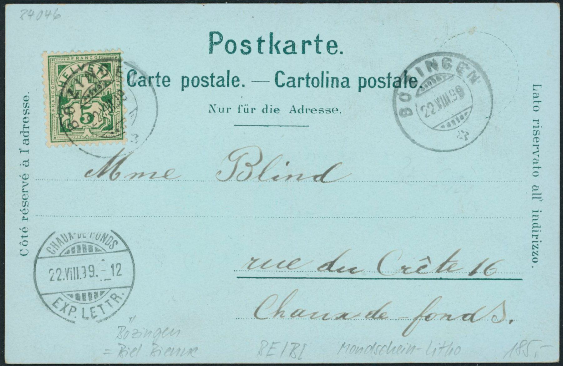 Cartoline postali: BE Bözingen - Biel - Bienne - Mondschein Litho – Usato da Schindellegi venduto da leecollect 1