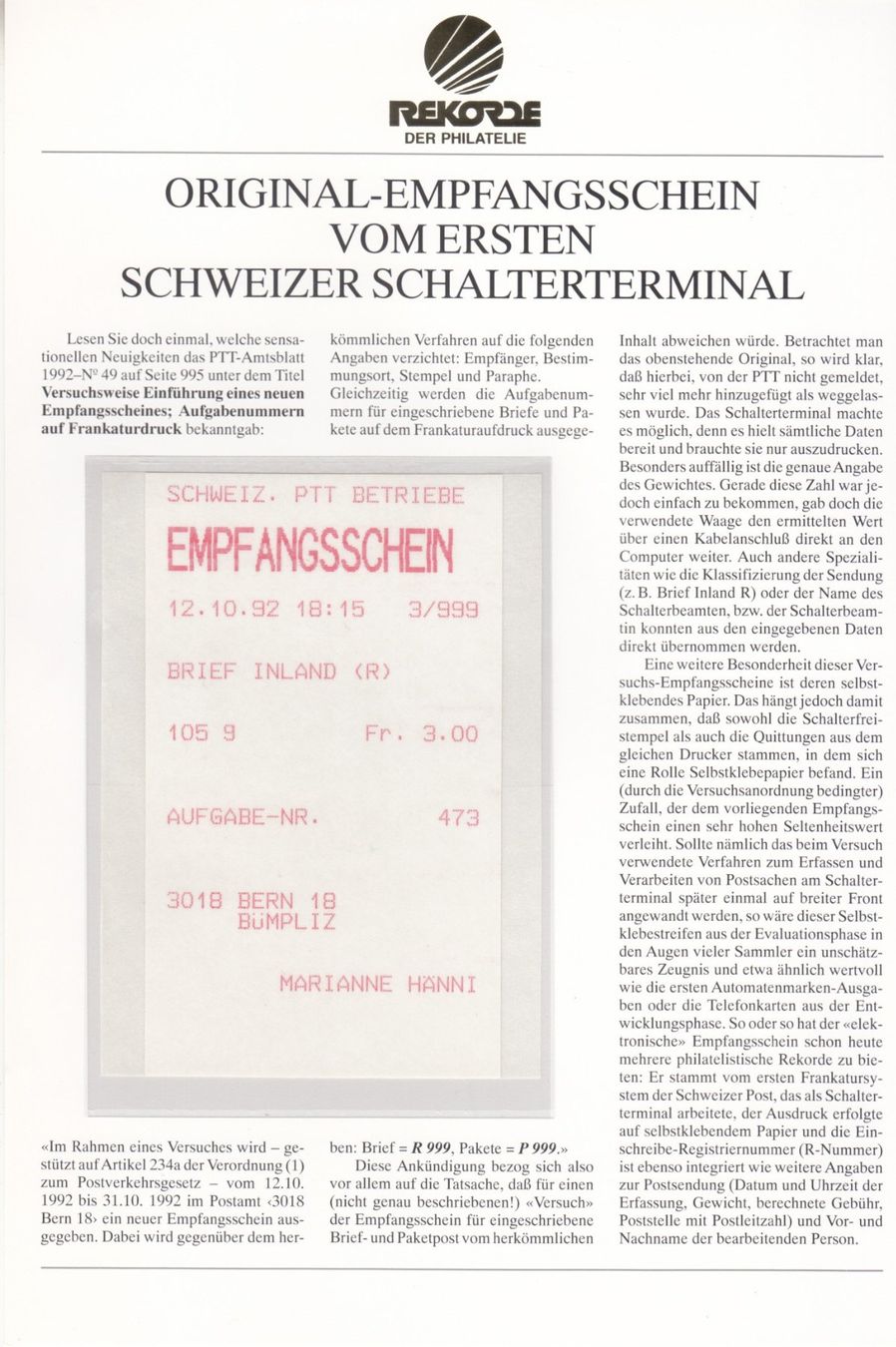 Tutti i francobolli: Rekorde der Philatelie, 5 Blatt Schweiz – Usato da Bürglen TG venduto da StampGraf 2