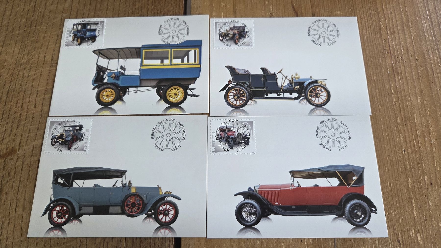 Alle Briefmarken: 2015 4x  FDC Vollstempel Maximumkarte Schweizer Automobile – Gebraucht aus Arni AG von Moth68