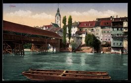 AK Olten, Uferpartie mit gedeckter Brücke und Booten