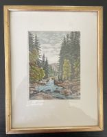 Stich farbig Flusslandschaft sig. P. Petersen aus der Zeit