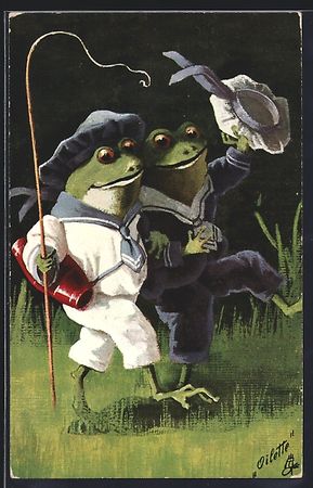 Frösche in Matrosenanzug auf dem Weg in