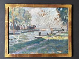David A. Burnand: Canal de la Broye (Huile sur carton, 1934)