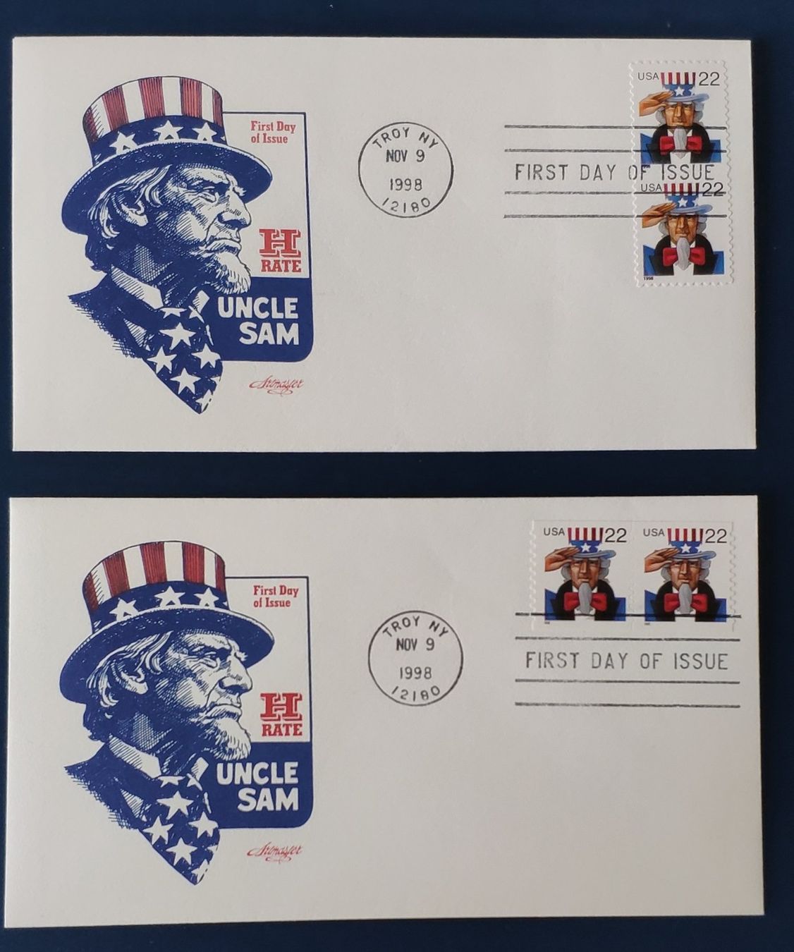 Tutti i francobolli: 2 FDC USA Uncle Sam / Troy NY 9.11.1998 – Usato da Volketswil venduto da Spacepanda