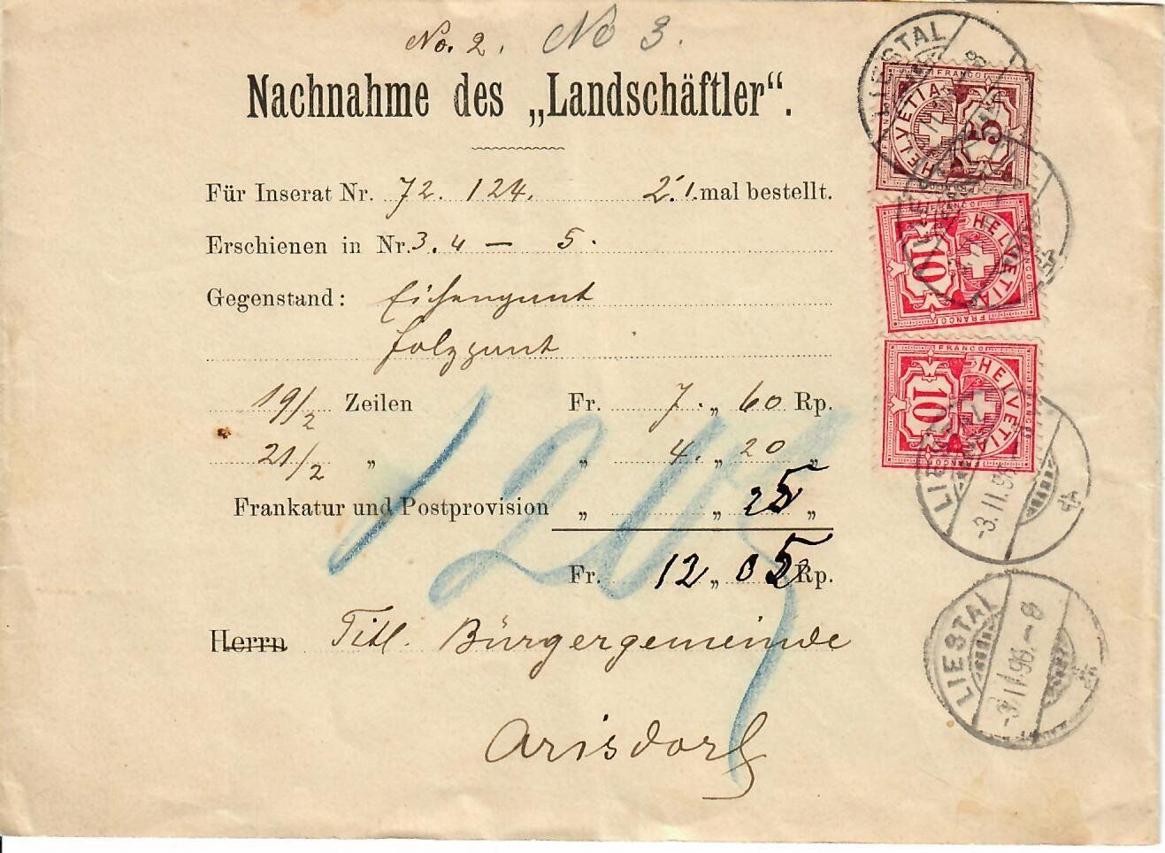 Tous les timbres: Brief, Liestal - Arisdorf 1896 – D'occasion à Hochdorf par Ziegel-16
