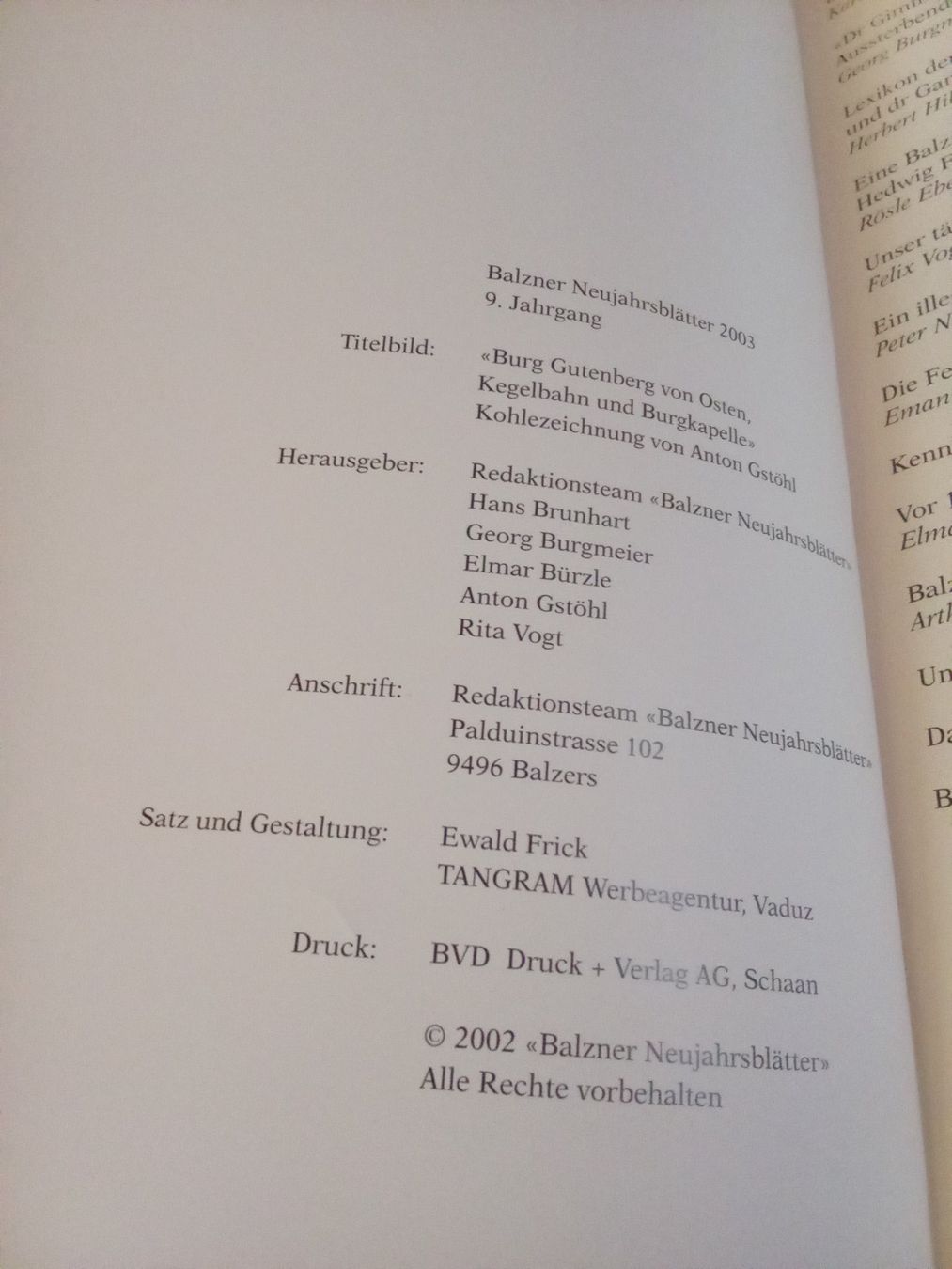 Libri: Balzner Neujahresblätter 2003 – Usato da Remetschwil venduto da Privatflohmi 2