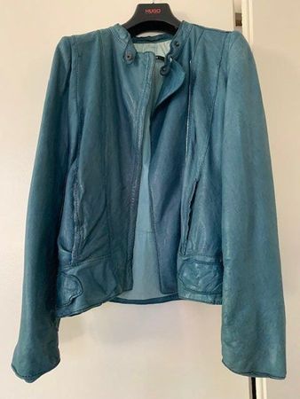 veste en cuir bleu turquoise Hugo Boss