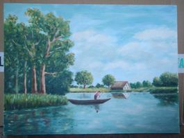 Ölgemälde Landschaft mit Boot und Haus 30x40cm guter Zustand