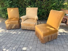 Lot de 3 fauteuils vintage dorés avec franges