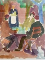 GEMÄLDE ALB. SCHENKER CH  IM WIRTSHAUSGARTEN  AQUARELL