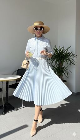 MAJE Robe chemise plissée bleu ciel vintage, taille 1/S