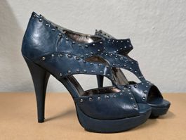 Peep-Toe Sandaletten / Plateau-Pumps - 39 - Blau mit Nieten