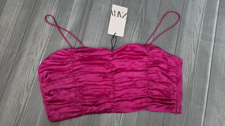 🏷️ ZARA Satin Crop Top - L - Fuchsia / Ruched Look 7️⃣