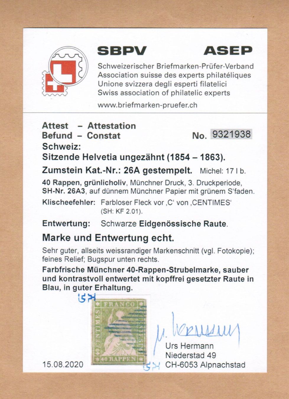 Tous les timbres: Strubel 26A - Attest Hermann – D'occasion à Bern par peri02 2