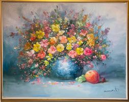 Blumenstillleben, Ölgemälde, signiert, goldener Rahmen.