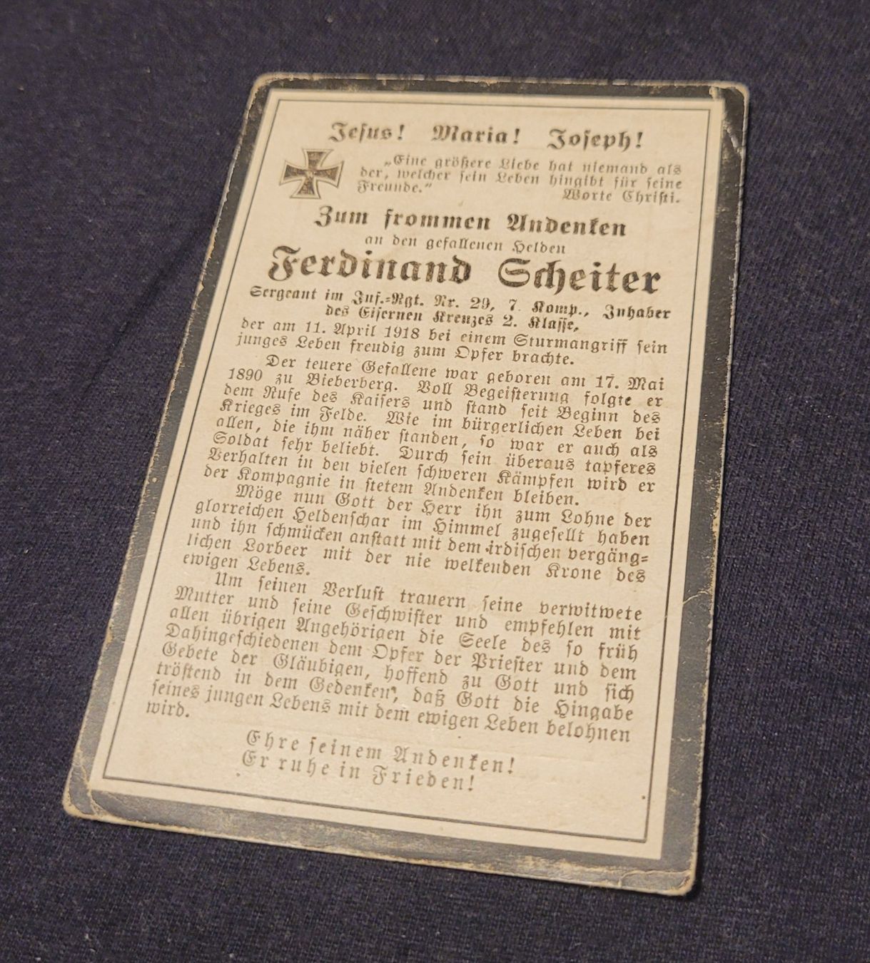 Armi bianche: Deutsches Reich, Sterbebild WW1 – Usato da Kriens venduto da KTP 1