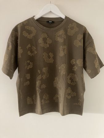C&A T-Shirt, Khaki mit Steinen, Gr. M, Top!