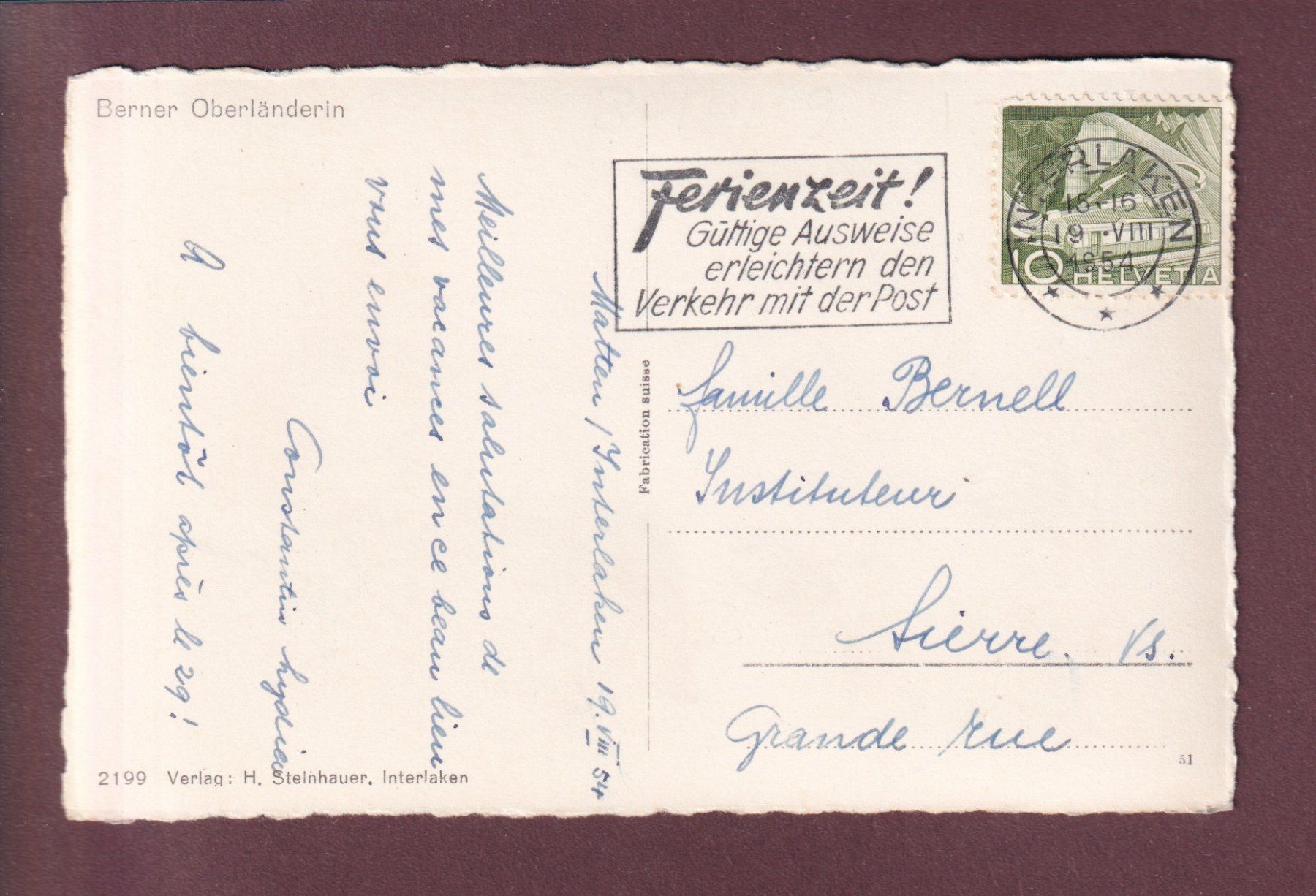 Cartoline postali: Berner OBERLÄNDERIN - 1954 – Usato da Pully venduto da nicecards 1