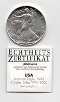 (2094) USA, 1 Dollar 1993, Eagle, 1 Unze, mit Zertifikat