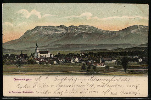 Cartoline postali: Grosswangen, Gesamtansicht mit Bergpanor – Usato da Berlin venduto da bartko-reher