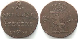 NORWEGEN 2 Skilling 1822 KARL XIV. JOHAN Kupfer ss-vz