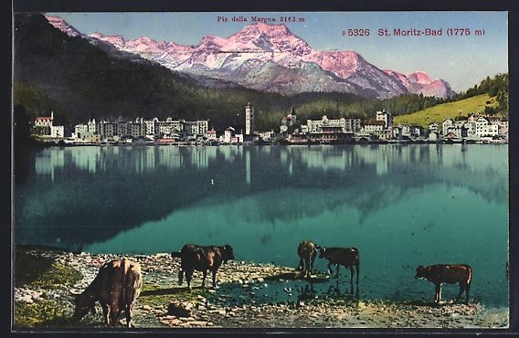 Cartes postales: St. Moritz-Bad, Ortspartie mit See und B – D'occasion à Berlin par bartko-reher