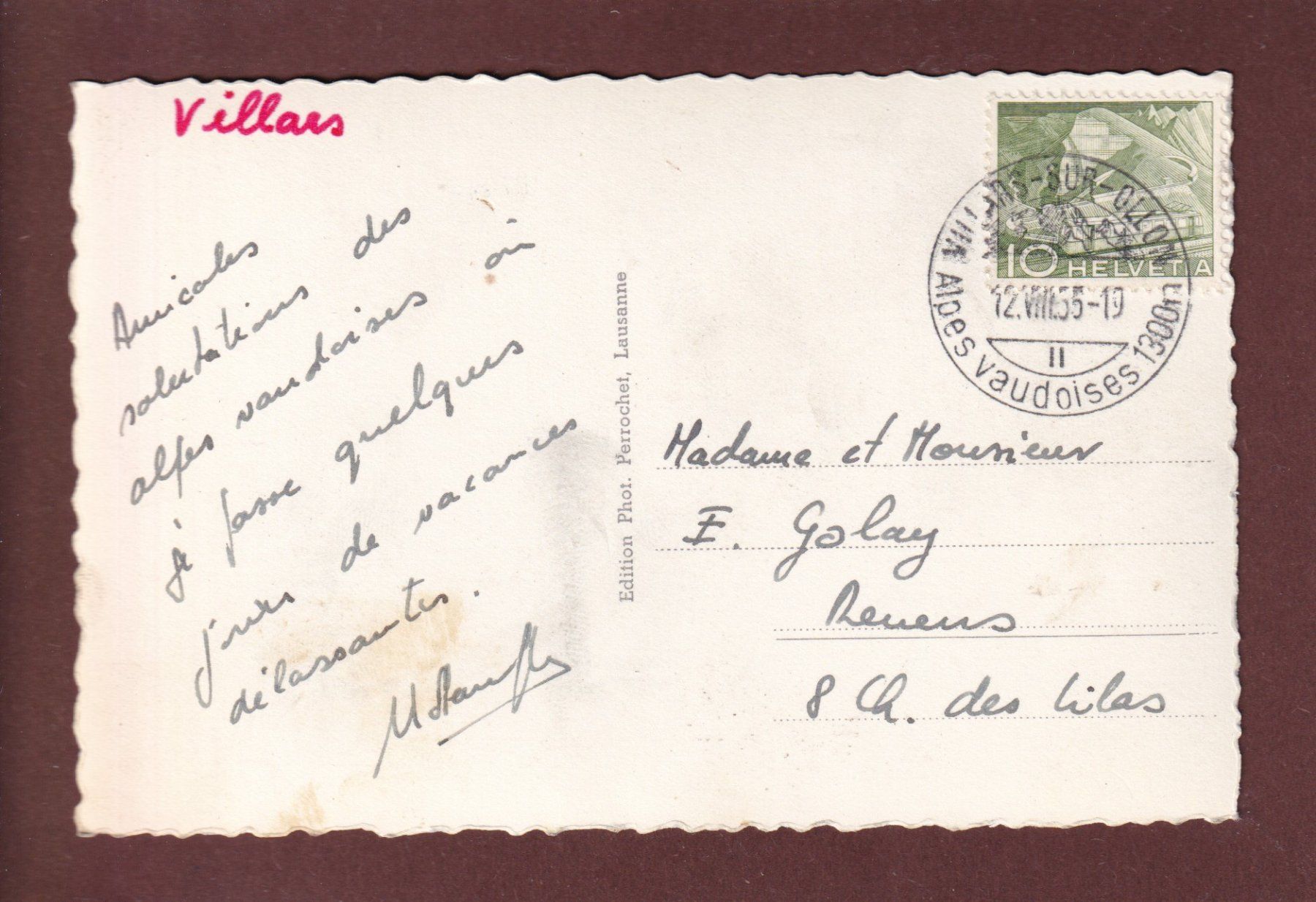 Cartoline postali: VILLARS CHESIERES - 1955 – Usato da Pully venduto da nicecards 1