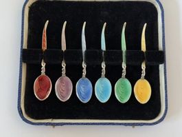 Antique Set Of 6 Spoons in Silver & Ennamel Collectible