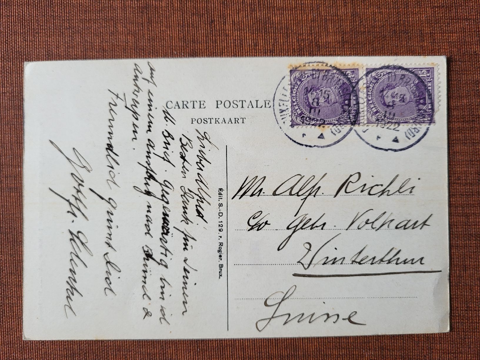 Tutti i francobolli: 1922, Postkarte von Brüssel nach Winterthur – Usato da stäfa venduto da brandy66 1