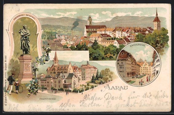 Cartes postales: Litho Aarau, Zschkke-Denkmal, Ortsansich – D'occasion à Berlin par bartko-reher
