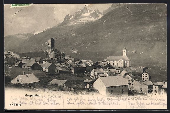 Cartoline postali: AK Hospenthal, Ortspartie mit Kirche – Usato da Berlin venduto da bartko-reher