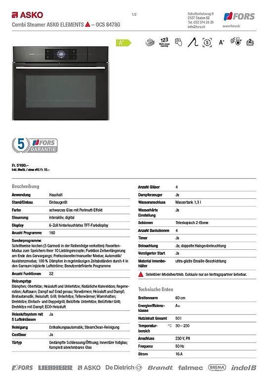 Backöfen: 2-jährig - Schnäppchen Combi Steamer Asko Elements OCS 8478G – Gebraucht aus Schiers von oer_dv98 2