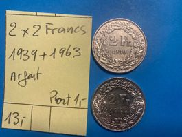 SUISSE : 2 X 2 FRANCS 1939 +1963 - ARGENT
