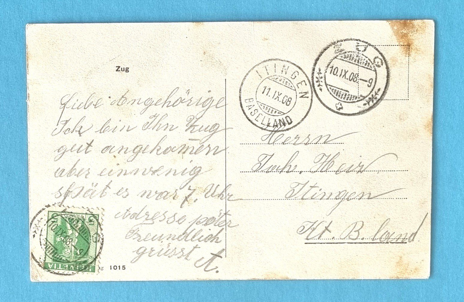 Cartoline postali: Zug - Einfahrt Dampfzug zum Bahnhof - Eisenbahn - 1908 – Usato da Rothrist venduto da RROENK 1