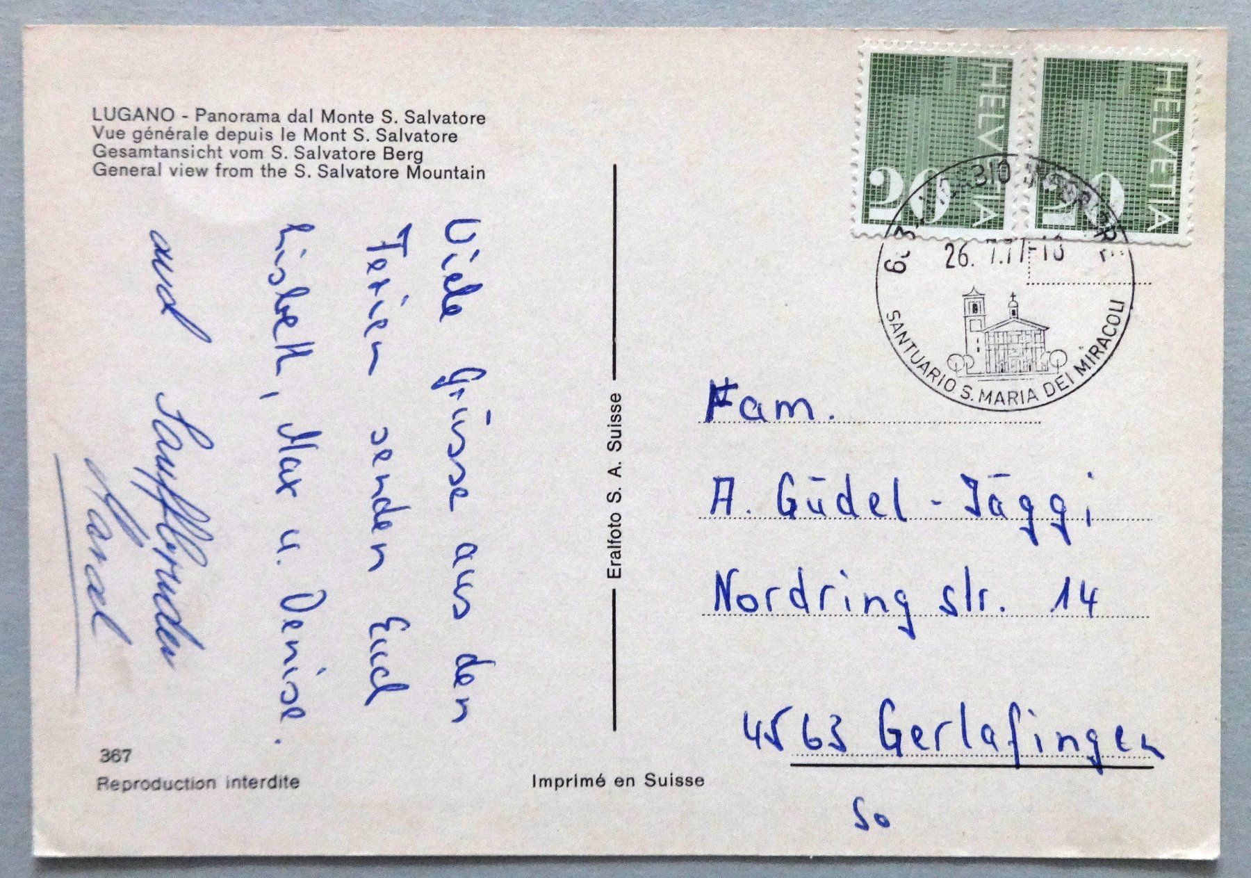 Ansichtskarten: Lugano - Panorama dal Mte S. Salvatore – Gebraucht aus Fétigny von Billy2miny 1