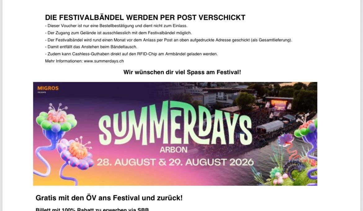 Biglietti: Summer Days 26 Tagesticket Samstag – Nuovo (secondo la descrizione) da Arbon venduto da Hubert77